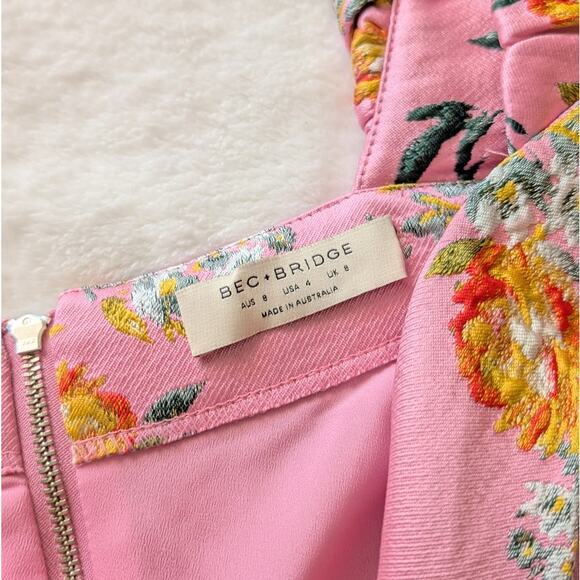 BEC & BRIDGE Pink Peony Party Jacquard Puff Shoulder Mini Dress, size 4 - Picture 4 of 10